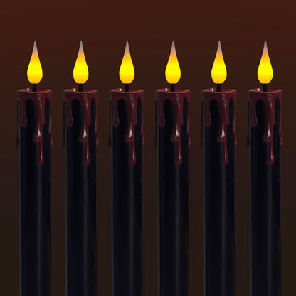 ODTRAM Flameless Taper Candles with 3D Flickering Effect Blood Dripping & 10-Key Remote，Taper Candles Battery Operated for Halloween Spooky Horror Home Decoration - Set of 6 Black(0.8" x 10")