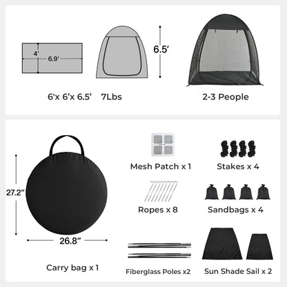 Alvantor® Pop Up Screen House Tent 6x6 FT, Snap-fit Black Mesh Screen Gazebo with Peaked Roof, Portable Screen Room Canopy Shelter with Sunshade & Sandbags for Camping, Backyard, Picnic