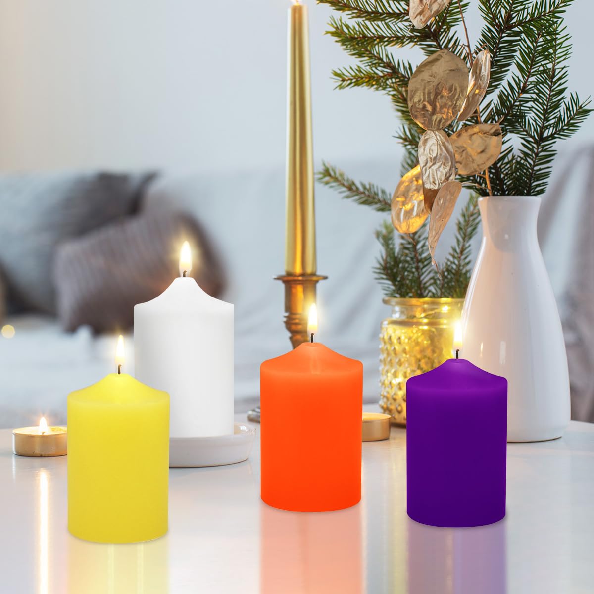 Unscented Color Pillar Candles Set of 12-2x3 inch - Dripless and Smokeless Large Pillar Candles, 20-Hours Long Burning Time Paraffin Candle for Dinner Table, Christmas and Home Deco