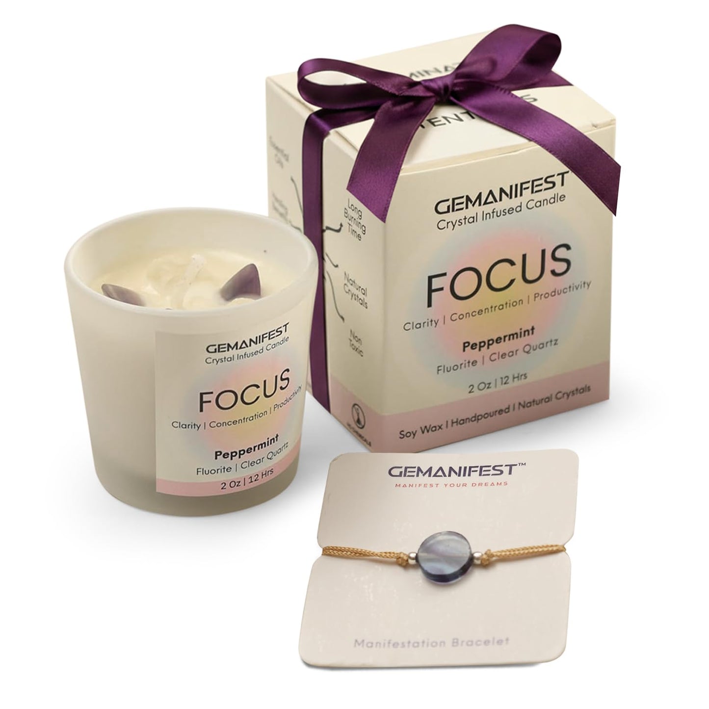 Gemanifest Focus Crystal Candle for Manifestation with Fluorite Bracelet Peppermint Scented Meditation Candle Best Thoughtful Meaningful Gifts for Students Office Employees Coworkers