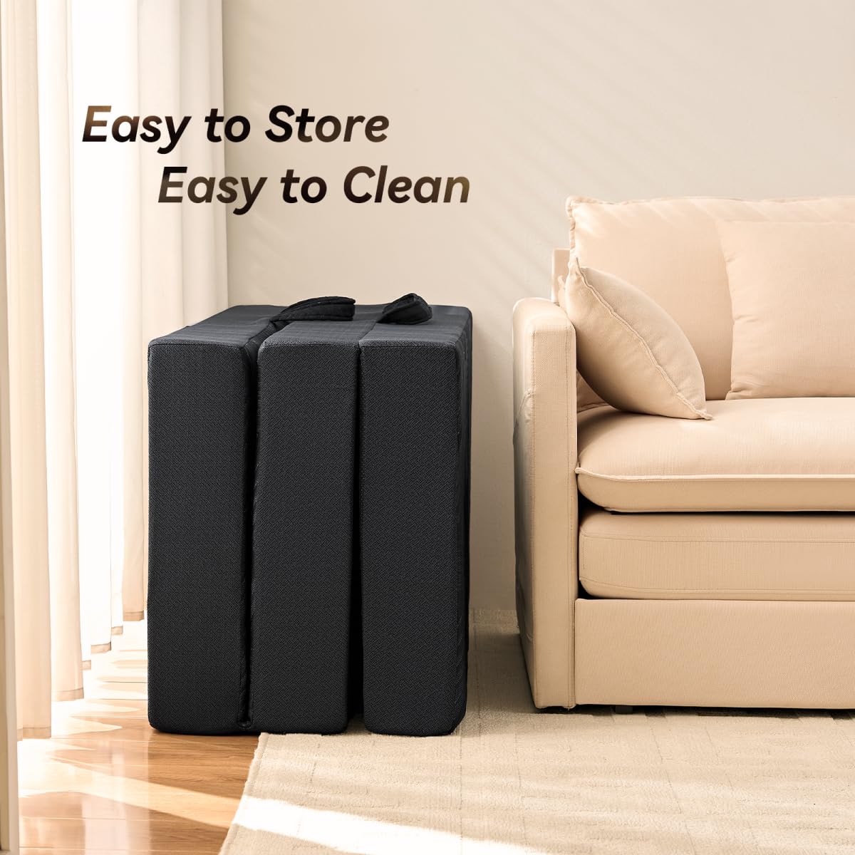 Housiney Memory Foam Foldable Mattress, 4 Inch Trifold Mattresses Full, Mattress Topper, Washable Cover, Handles, Non-Slip Bottom for Guest Bed, Yoga and Camping Mat, 73"x 52" x 4", Black