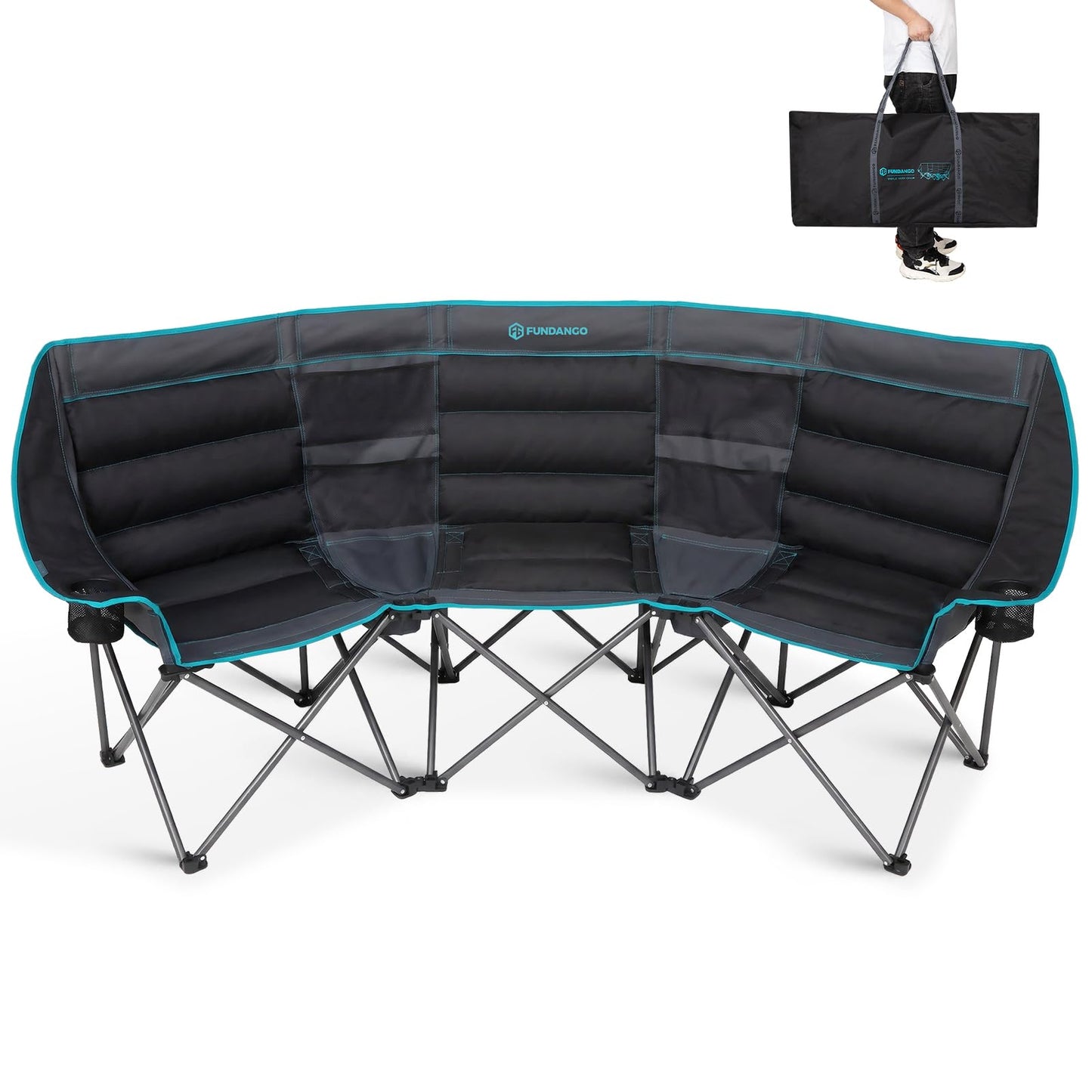 FUNDANGO Extra Wide 3 Person Camping Chair for Adults with Cooler, 1000 LBS Heavy Duty Oversized Camp Couch, Padded Folding Seat with Cup Holders for Outdoor, Sports & Lawn
