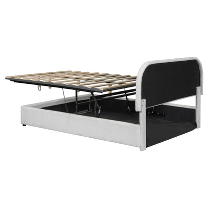 Merax Teddy Fleece Full Size Upholstered Platform Bed with Hydraulic Storage System,Curved Headboard,Hidden Lift-Up Storage Compartment,No Box Spring Needed for Bedroom,Guest Room,White