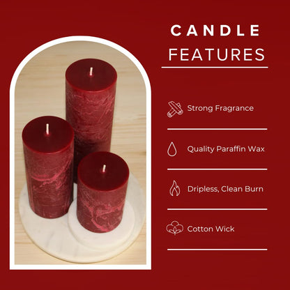 Simply Soson Burgundy Pillar Candles Set of 3, Rustic Pilar Candle, Dark Red Cinnamon Clove Scented Burgundy Fall Dripless Candles Ideal for Fall Decoration, Thanksgiving Gifts Autumn, Home Decor