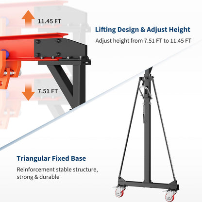 1 Ton Gantry Crane, 2200 LBS Adjustable Gantry Crane with 8-12 ft Height, Shop Lift Hoist with Manual Trolley, Hook & Shackles for Warehouse, Factory