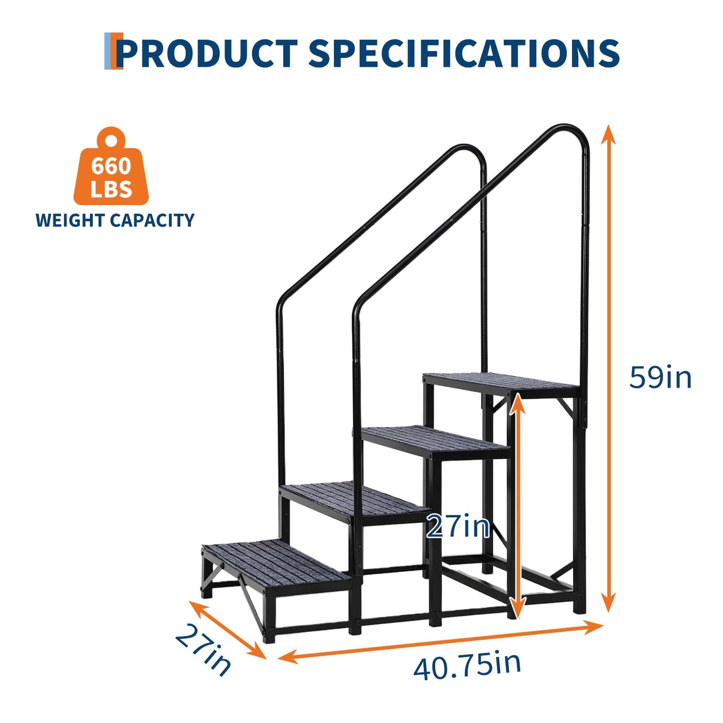 GarveeTech Portable 4-Step RV Stairs with Handrails, RV Steps Ladder with Non-Slip Mats, for Travel Trailers, Campers, Hot Tubs, Porch, Pool, Pets
