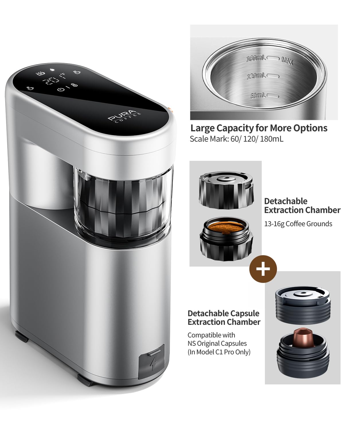 C1 Pro Compact Mini Espresso Machine with NS Capsule & Ground Coffee, Rechargeable Portable Espresso Maker, Electric Small Espresso Machine for Travel RV Car Camping Hiking Office Home with Rich Crema