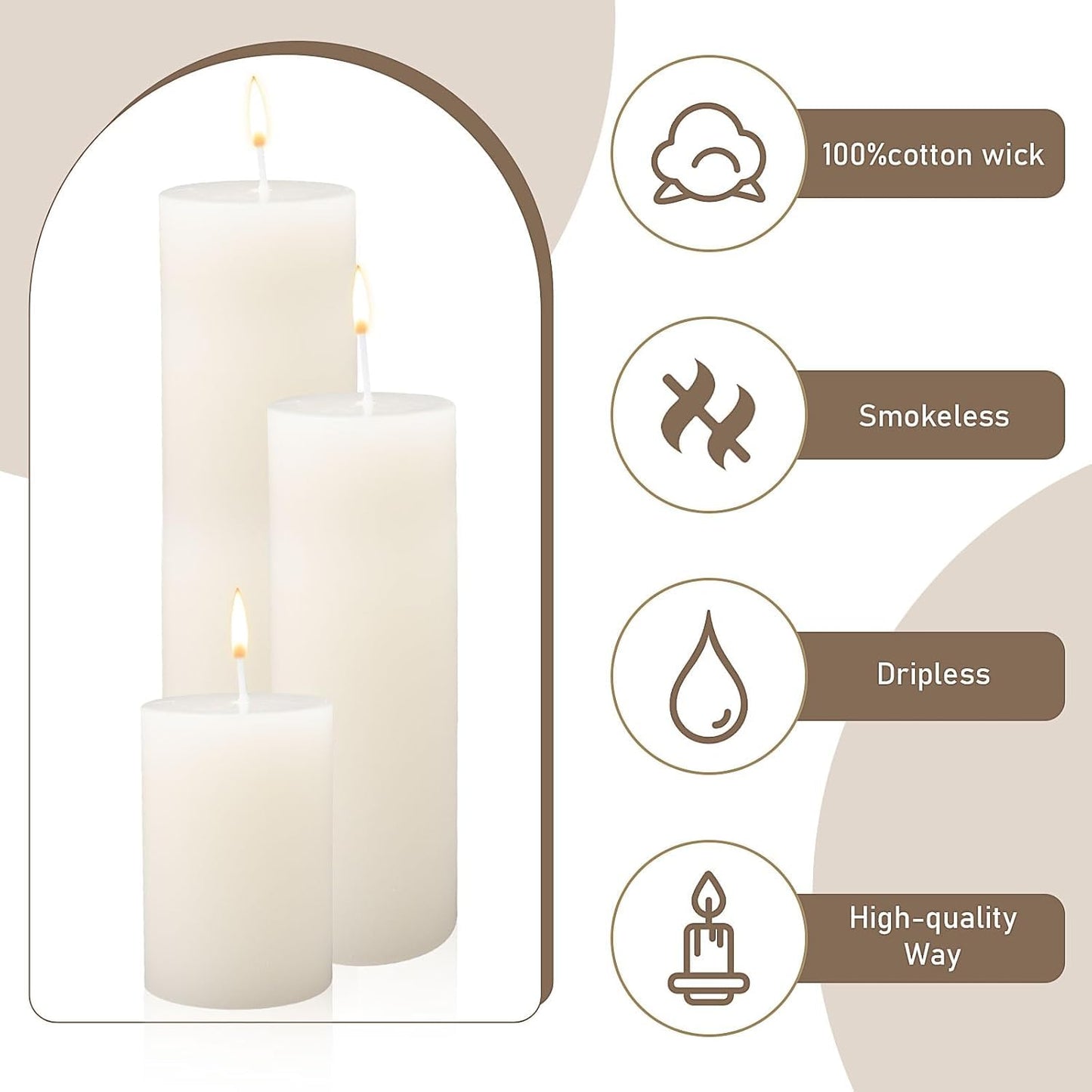 24 Pack Pillar Candles Bulk,Ivory Unscented Tall Candles,3 Sizes White Dripless Smokeless Wax Sticks for Wedding,Dinner Table,Christmas and Home Decor,24|45|60 Hours Burning