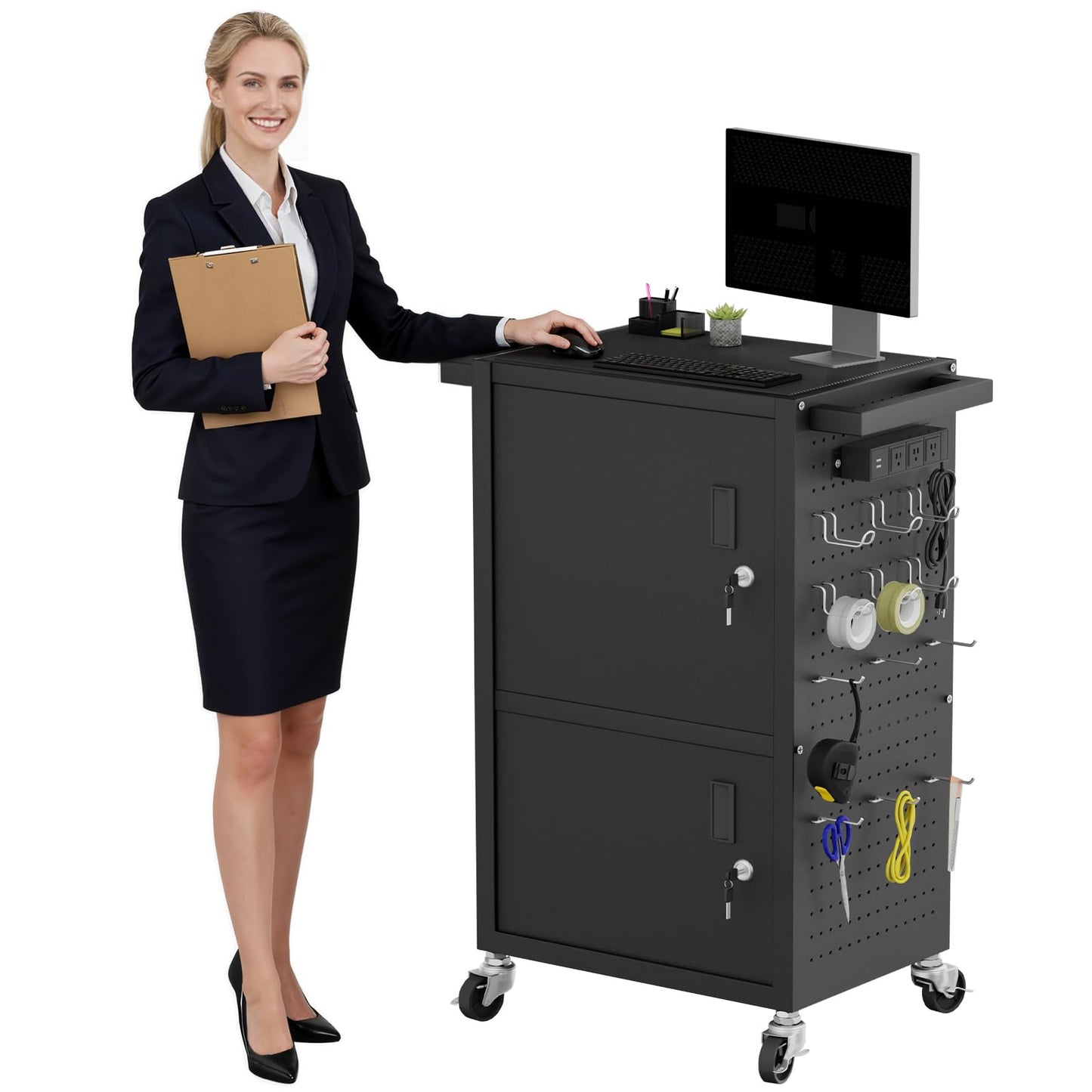 Jasdego Mobile AV Cart - Heavy Duty Computer Cart with 2 Cabinets, Rolling Media Cart with 4 Outlets & Pegboard & Hooks, Lock Brake Wheels Mobile Computer Workstation, Perfect for Home or Office