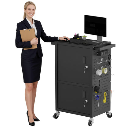 Jasdego Mobile AV Cart - Heavy Duty Computer Cart with 2 Cabinets, Rolling Media Cart with 4 Outlets & Pegboard & Hooks, Lock Brake Wheels Mobile Computer Workstation, Perfect for Home or Office