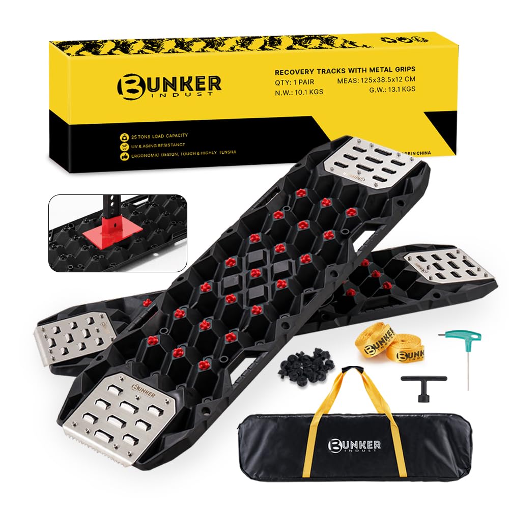 BUNKER INDUST Offroad Traction Board with Jack Base,Pair 47.24"L x 14"W Recovery Track Tire Traction Mat -Black Sand,Mud,Snow Ramps (Replaceable Dual Colors Teeth/Rugged Steel Plate) Gen 11th