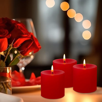 3" x 3" Hand-Poured Unscented Red Candle, Dripless Pillar Candle Set of 3, Long Clean Burning, Approx 40 Hours Burn Time, Rustic Country Style, Christmas, Wedding, Dinner and Home Decor