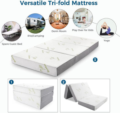 Inofia 6 Inch Folding Mattress, Trifold Memory Foam RV Mattress with Ultra Soft Removable Cover, Foldable & Portable for Camper/Truck/Trailer/Guest Bed, Short Queen Size (74" x 60" x 6")