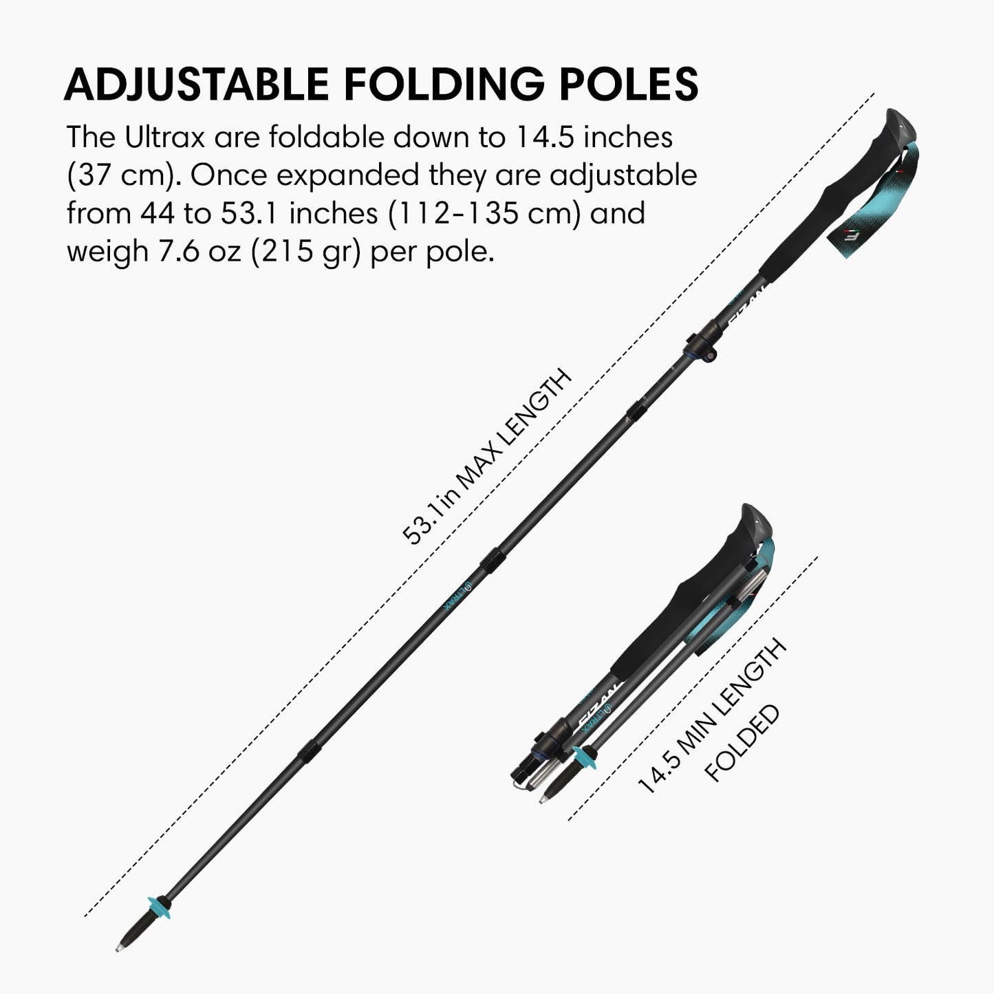 Fizan Ultrax Carbon Fiber Trekking Poles – Ultralight 7.6 oz, Backpacking, Bikepacking, Thru Hiking Trails, Adjustable, Collapsible to 14.5 in, Customized Fit, Foam Grips, Walking Sticks