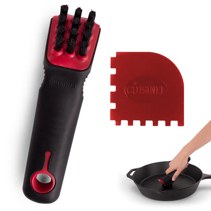 Cuisinel Cast Iron Cookware Set + Accessories - Skillets with Glass Lids + Pizza Pan + Pan Organizer Rack + Cleaning Scrub Brush