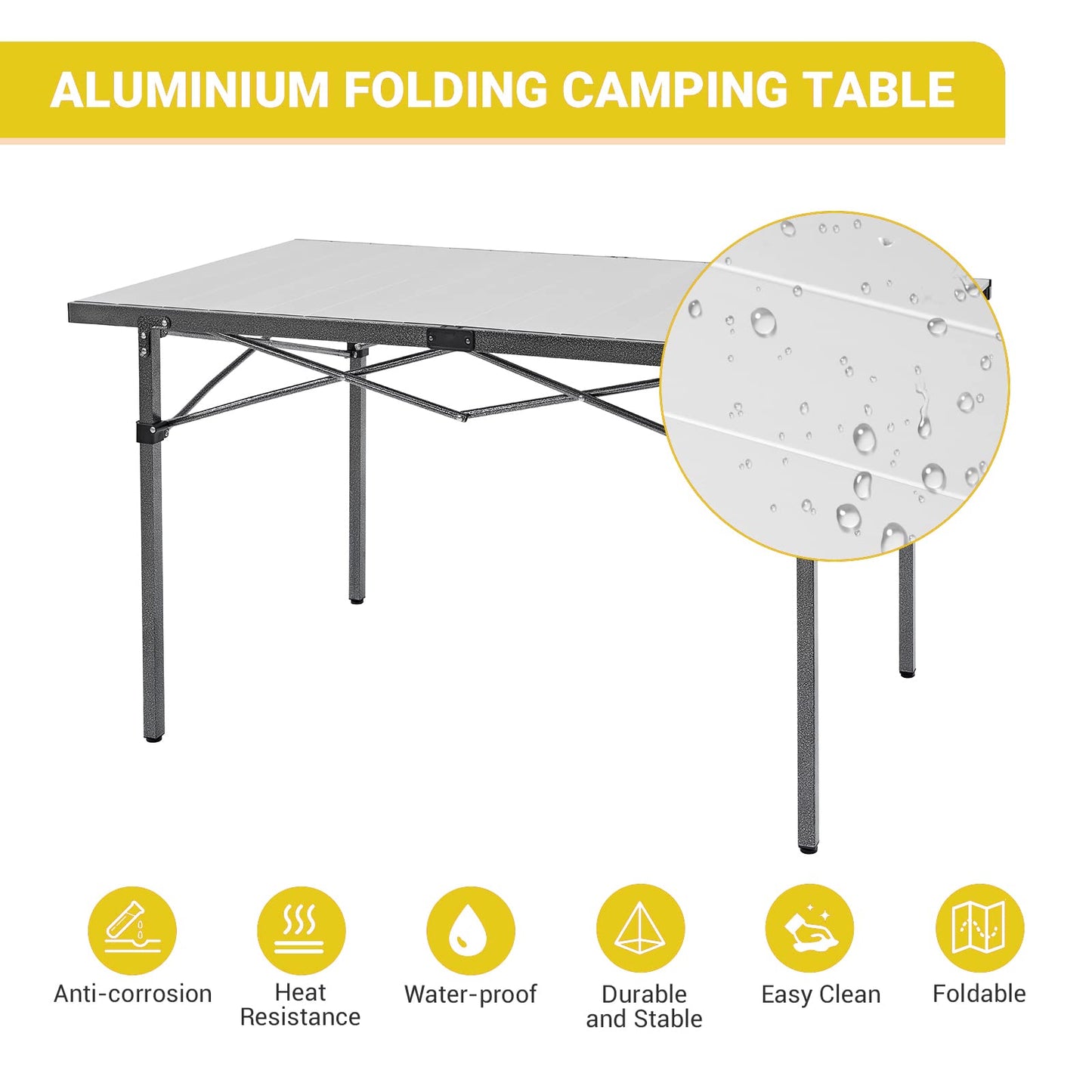 KingCamp KC2133_Black/Silver-USVC1 Portable Stable Table for Outdoor Picnic, Camping, Barbecue and Backyard Party, 4-6 Person, 53.5"×27.5"
