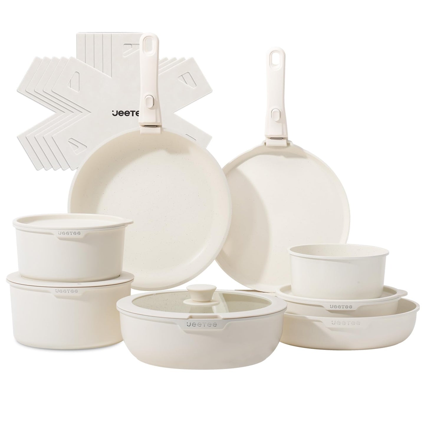 JEETEE Pots and Pan Set Non Stick 19 Pcs, Cookware Set Detachable Handle, RV Kitchen Cooking Set Removable Handles, Stackable Non-stick Set, Oven Safe, Beige