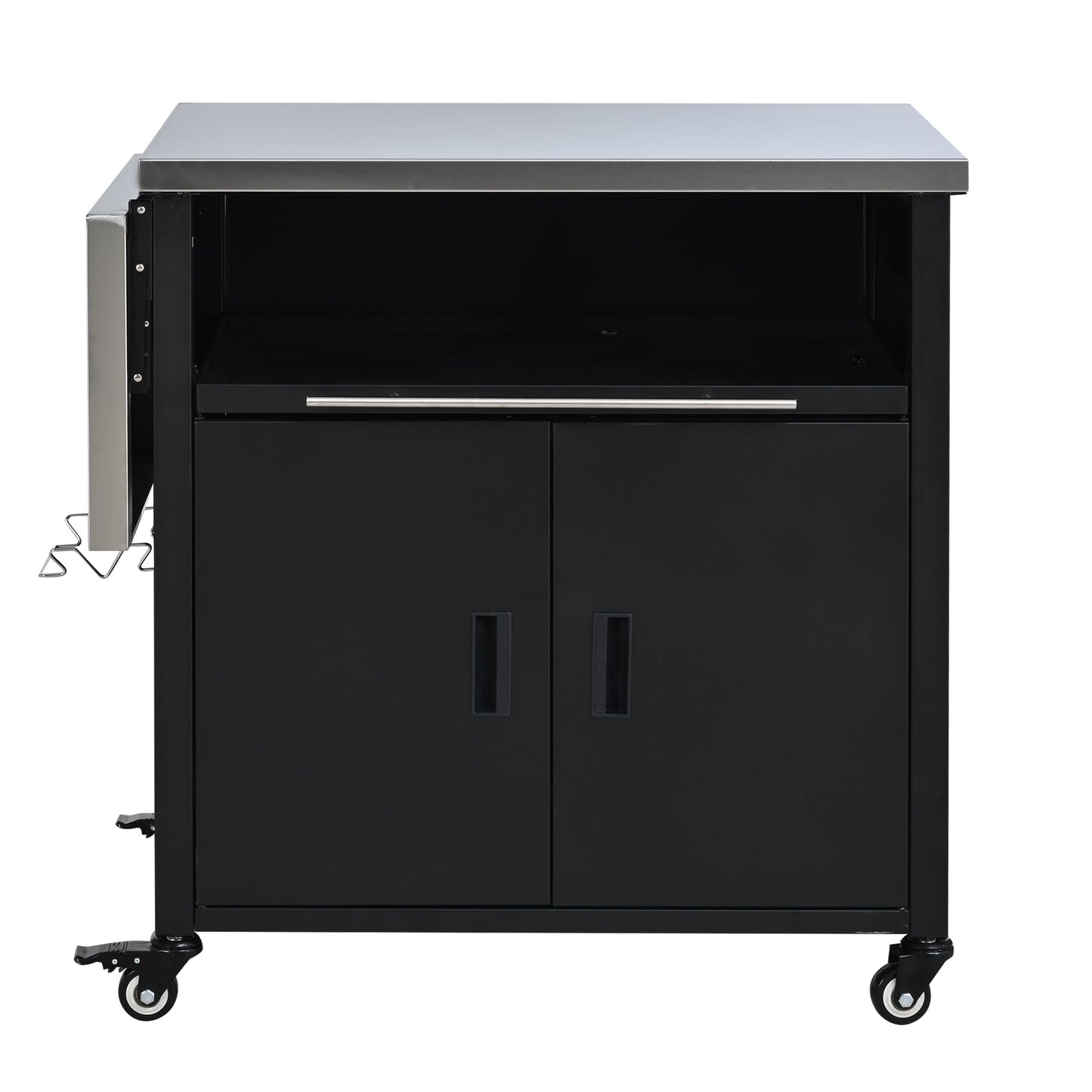 Merax Foldable Outdoor Kitchen Island & BBQ Prep Cart with Stainless Steel Top &Trash Rack & Lockable Wheels & Storage Cabinets – Portable Patio Dining Station for Grilling & Backyard & Camping, Black