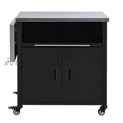 Merax Foldable Outdoor Kitchen Island & BBQ Prep Cart with Stainless Steel Top &Trash Rack & Lockable Wheels & Storage Cabinets – Portable Patio Dining Station for Grilling & Backyard & Camping, Black