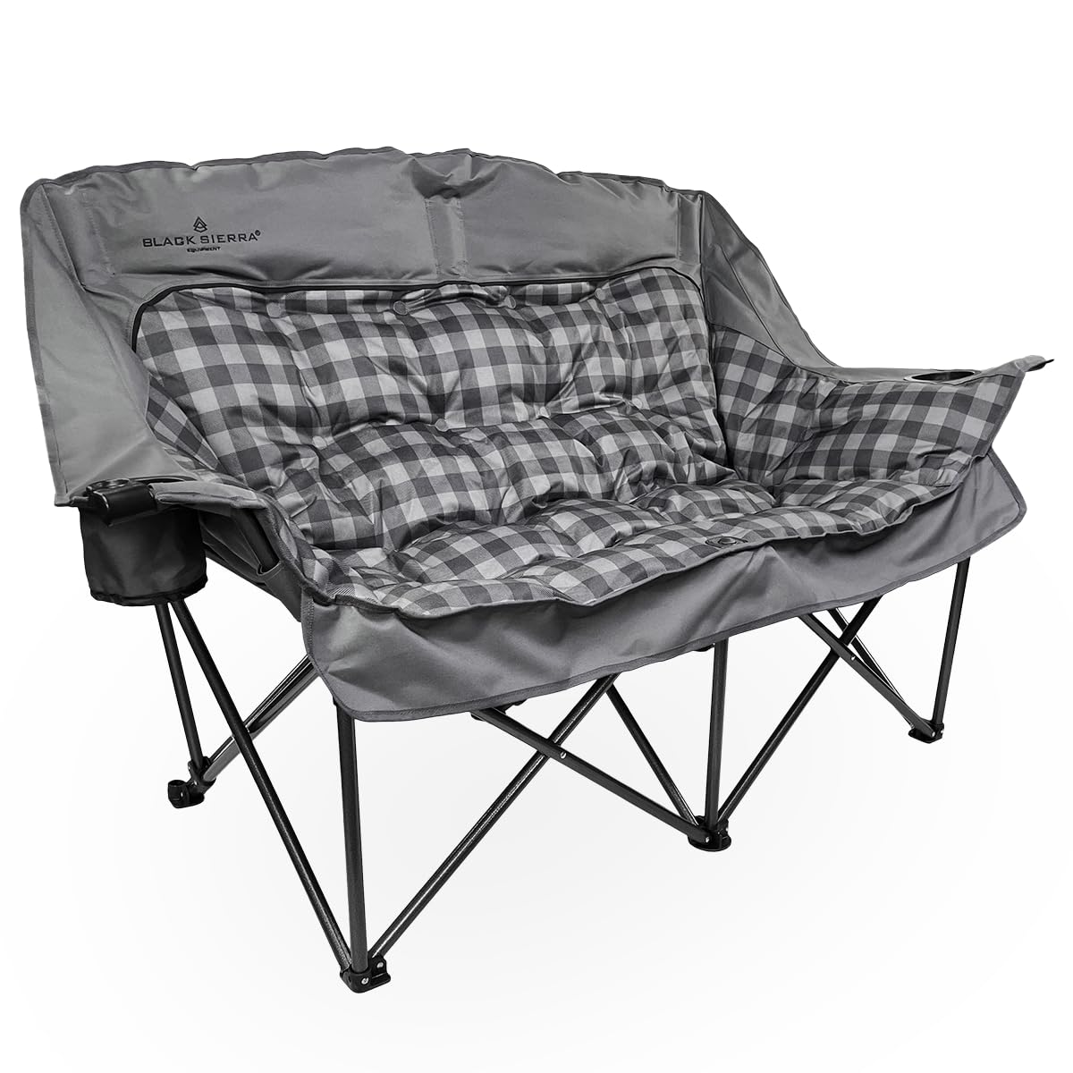 Black Sierra Double Loveseat Comfort Camping Couch, Oversized Folding Chair for Adults, 600‑lb Capacity, Plush Padded Heavy Duty Outdoor Seat with Cup Holders & Carry Bag for Beach, RV