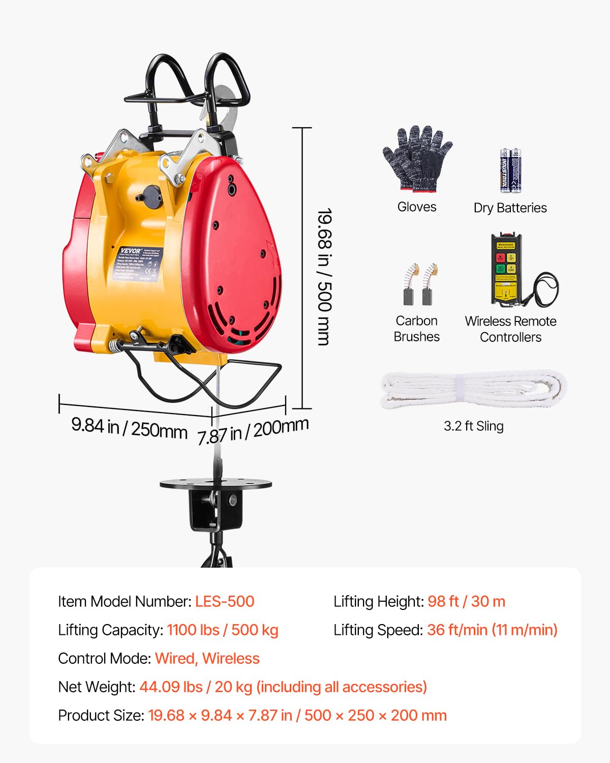 VEVOR 2-in-1 Electric Hoist Winch, 1100 lbs Capacity, 1800W Portable Power Winch, 98 ft Lifting Height, 36 ft/min with Wire and Wireless Remote Control, for Garage, Warehouse, Factory Lifting Towing