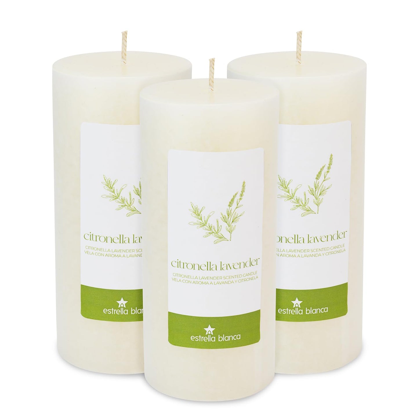 Estrella Blanca Citronella Lavender Candles - Citronella Scented Pillar Candle Ivory - 3x6 inch - 3 Pack - Long Lasting Burn Outside Candles for Garden Yard Balcony, Summer Camping