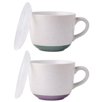 AmorArc Ceramic Soup Mugs with Lid, 32 oz Large Soup Cups with Hanlde for Coffee, Cereal, Salad, Noodles, Tea, Soup Bowls Cups, Microwave&Dishwasher Safe, Set of 2 (Purple & Green, 32oz - Set of 2)