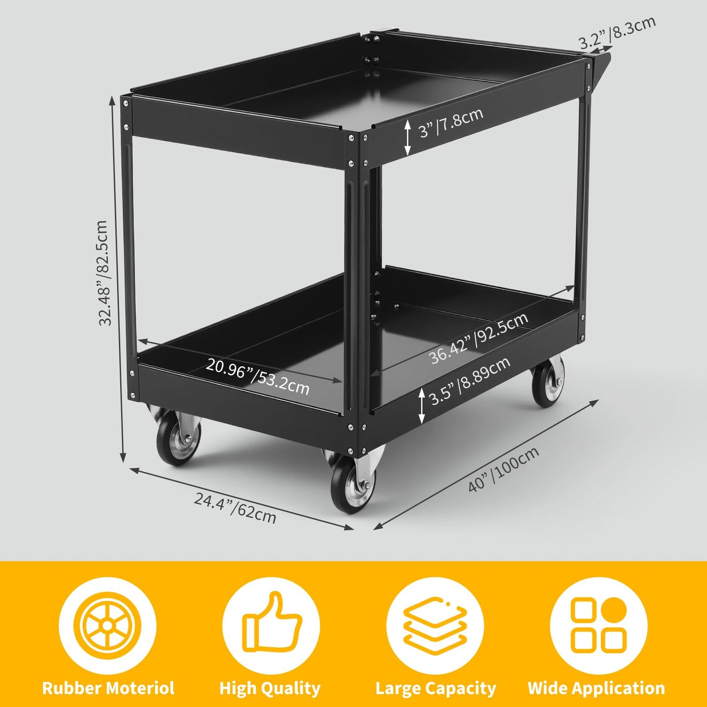 Utility Cart on Wheels, 500 lbs Capacity, 40" x 24.4" x 32.48"，Rolling Work Carts with Wheels, 2 Shelf Heavy Duty Steel Service Cart Suitable for Warehouse, Garage, School & Office, Cleaning, Black
