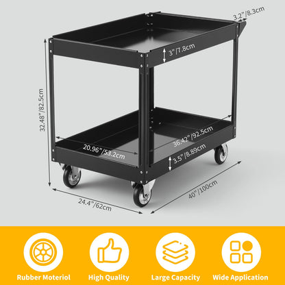 Utility Cart on Wheels, 500 lbs Capacity, 40" x 24.4" x 32.48"，Rolling Work Carts with Wheels, 2 Shelf Heavy Duty Steel Service Cart Suitable for Warehouse, Garage, School & Office, Cleaning, Black