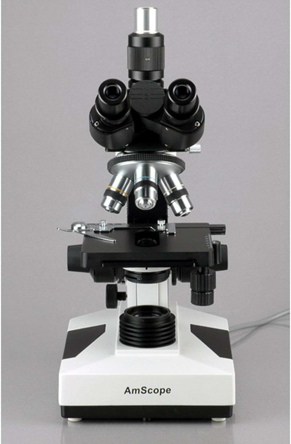 AmScope T490A-PCT Compound Trinocular Microscope with Phase-Contrast Turret, WF10x and WF16x Eyepieces, 40X-1600X Magnification, Brightfield/Darkfield, Halogen Illumination, Abbe Condenser, Double-Layer Mechanical Stage, Sliding Head, High-Resolution Opti