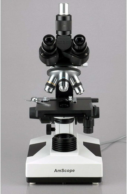 AmScope T490A-PCT Compound Trinocular Microscope with Phase-Contrast Turret, WF10x and WF16x Eyepieces, 40X-1600X Magnification, Brightfield/Darkfield, Halogen Illumination, Abbe Condenser, Double-Layer Mechanical Stage, Sliding Head, High-Resolution Opti