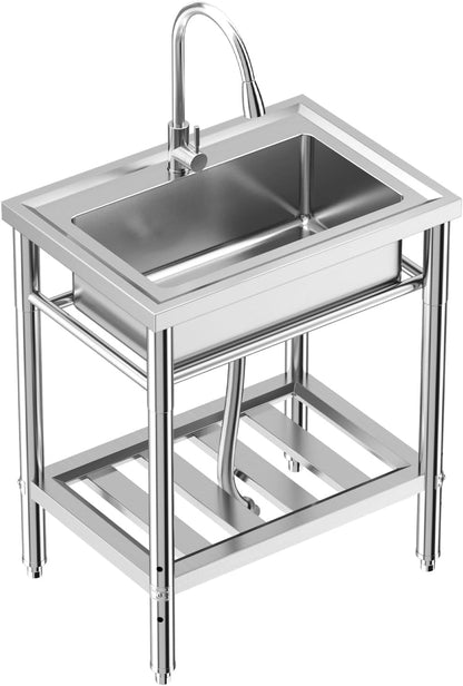 ExploreHorizon 28"x20"x34" Stainless Steel Utility Sink, Freestanding Single Bowl with Hot & Cold Water Faucet, Commercial Kitchen Laundry Bathroom Garage Garden Sink