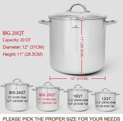 HOMICHEF Commercial Grade LARGE STOCK POT 20 Quart With Lid - Nickel Free Stainless Steel Cookware - Healthy Polished Stockpots - Heavy Duty Induction Soup Pot