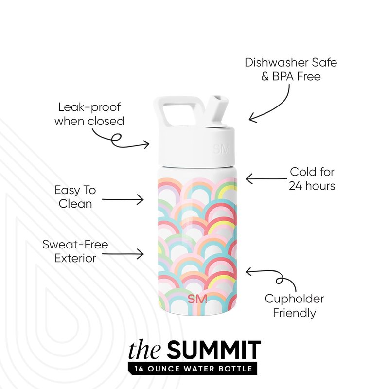 Simple Modern Kids Summit Water Bottle with Straw Lid | 14oz Stainless Steel Cup Insulated Tumbler for Toddlers, School | Rainbow Spark