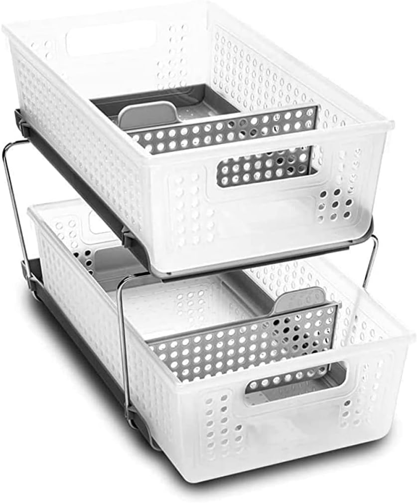 Madesmart 2-Tier Bath Organizer - Undersink Storage with Sliding Drawers & Adjustable Dividers - Frost