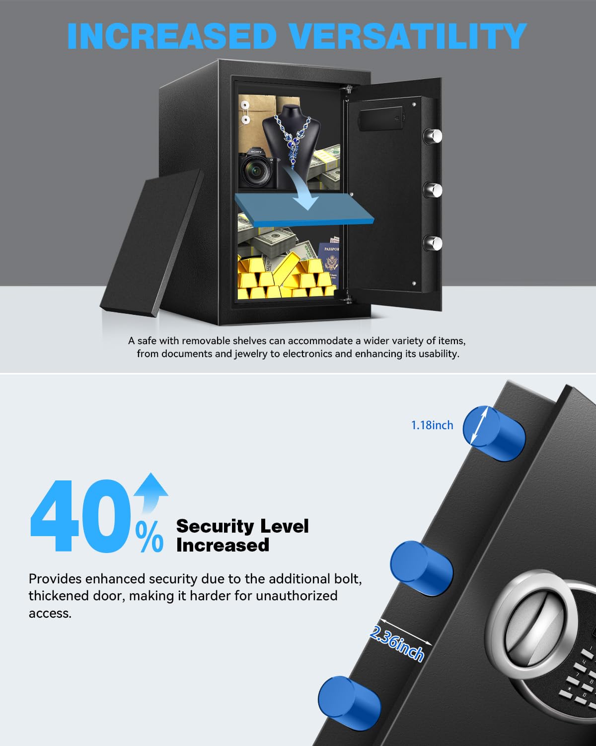 16.54" Tall Large Safe Box with Fireproof Waterproof for Documents - Steel Security Personal Fire Safe with Digital Keypad, Emergency Battery Box & Combination Lock, Safety Box for Valuables Money