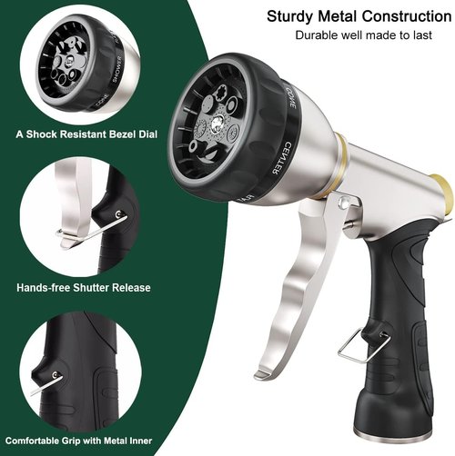 FANHAO Heavy Duty Metal Garden Hose Nozzle - 7 Spray Patterns for Efficient Watering & Cleaning