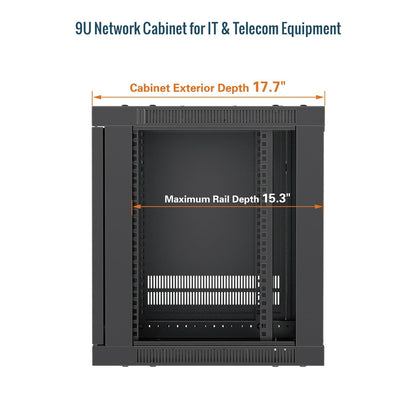 Tecmojo 9U Wall Mount Rack Cabinet, Heavy-Duty 176 Lbs High Load Capacity, 19” Enclosed Server Network Rack with Glass Door, 17.7” Deep – Elite Collection