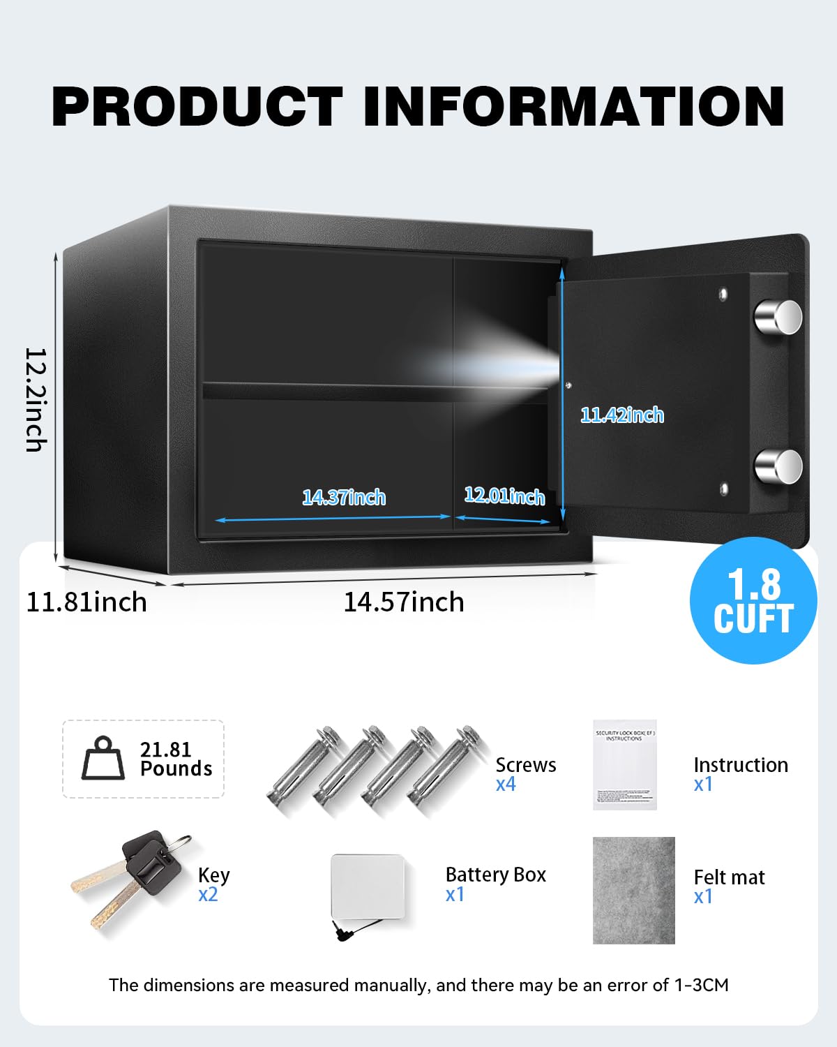 11.81" Tall Safe Box with Fireproof Waterproof for Documents - Steel Security Personal Safe with Digital Electronic Keypad, Emergency Battery Box & Combination Lock, Safety Box for Valuables Money