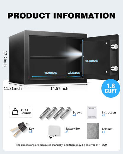 11.81" Tall Safe Box with Fireproof Waterproof for Documents - Steel Security Personal Safe with Digital Electronic Keypad, Emergency Battery Box & Combination Lock, Safety Box for Valuables Money