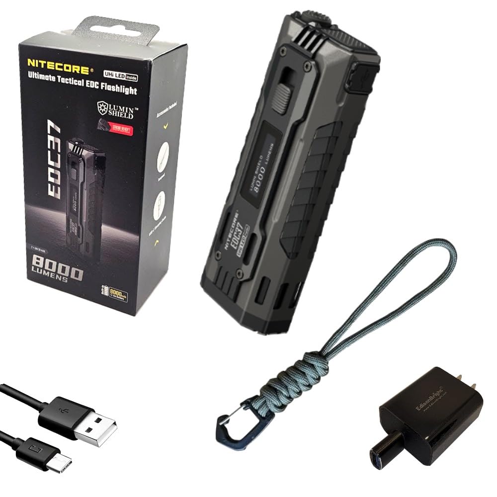 Nitecore EDC37 8000 Lumen USB Rechargeable Slim Body LED Flashlight EdisonBright Brand Charging Adapter