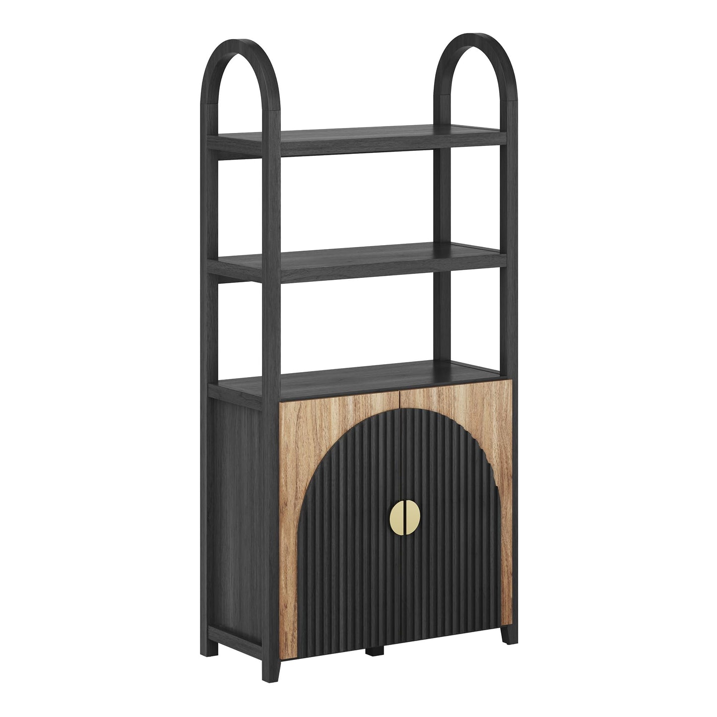 BELLEZE Book Shelf 72" Tall Arched Bookcase with Storage, 5 Tier Mid Century Modern Fluted Bookshelf with Doors, Modular Bookshelves for Living Room Office Library (Camel)