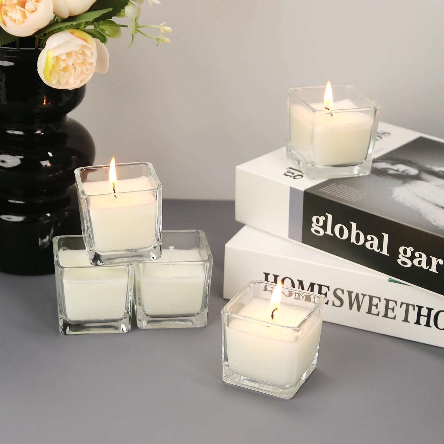 12 Pack White Small Square Glass Candles, Unscented Votive Candles, for Outdoor Dinner Party, Patio, Glamping Essentials, Outside