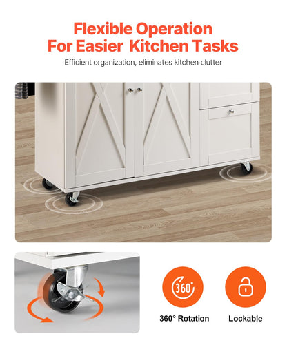 VEVOR Kitchen Island Cart, 45.3x39 inch Rolling Kitchen Table, Mobile Carts with Storage Cabinet and Solid Wood Top, Portable Islands with Wheels, Spice Rack, Towel Rack, Drop Leaf and Drawer, White