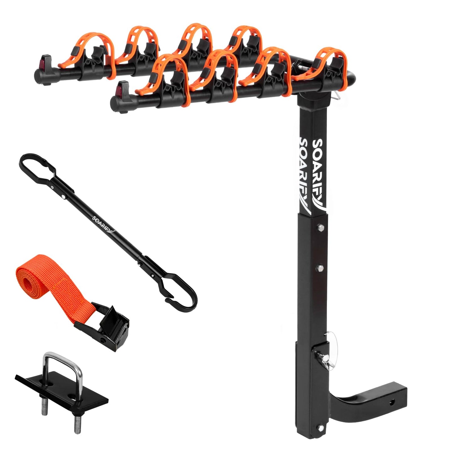 Soarify Bike Rack for Car, SUV, RV, Mount Hitch Bike Rack, Up to 143 lbs Load Bicycle Rack Carrier Rubber Straps, Tilt Release with 2" Hitch for Cars (4 Bikes+BAR)