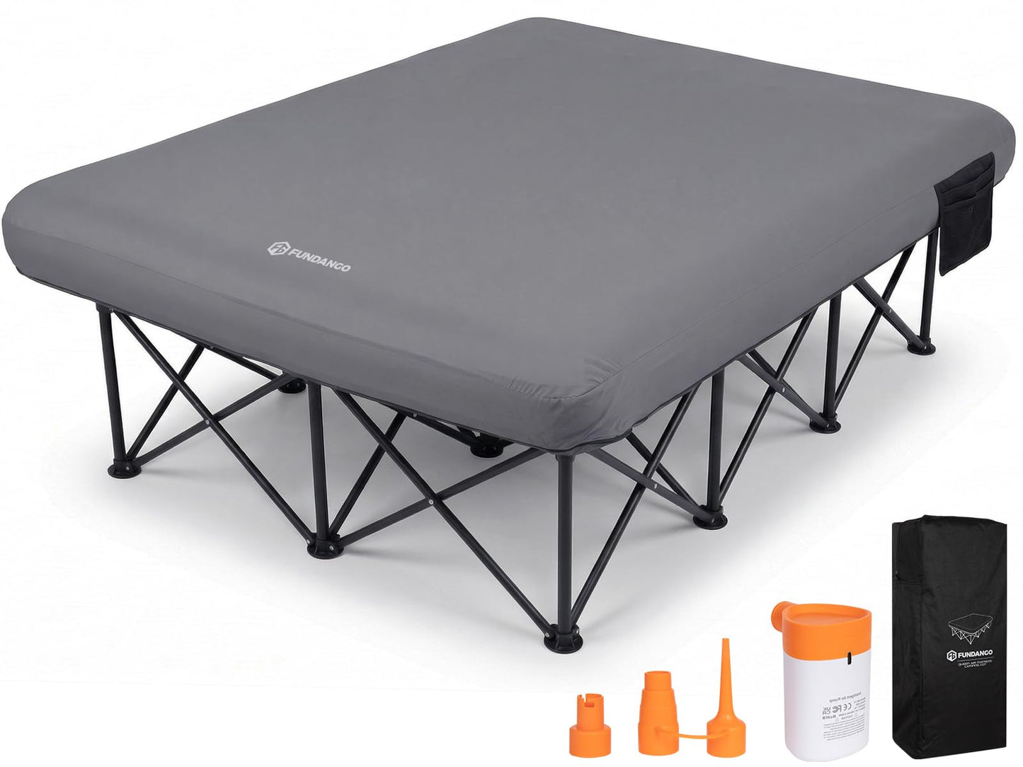 FUNDANGO Queen Camping Cot with Electric Pump, Inflatable Air Mattress Bed with Removable & Washable Cover, Folding Frame, Cup Holders, Carry Bag for Adults, Tent, Guest (80"x60")