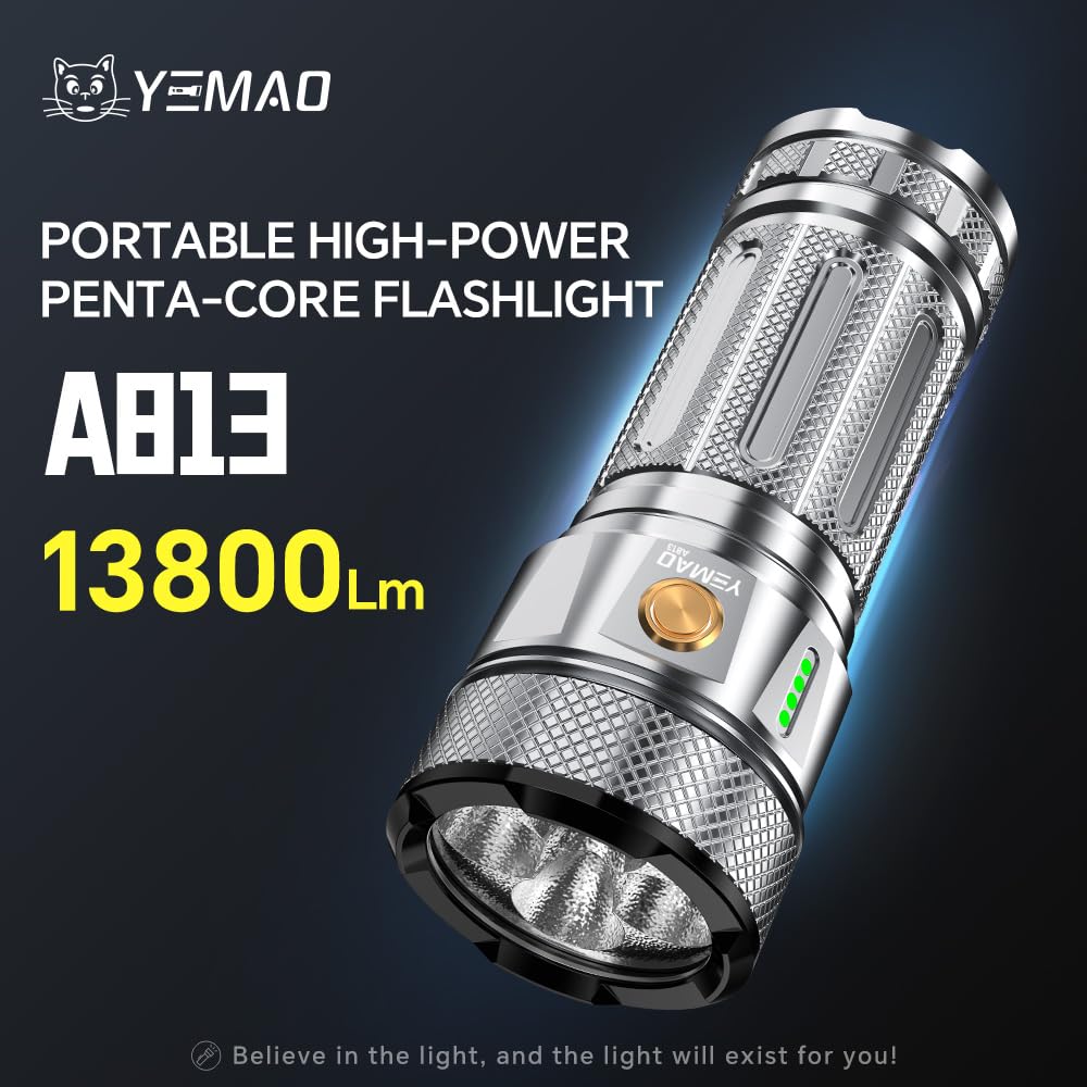 Yemao Rechargeable Flashlights 13800 High Lumens, Brightest Flashlight, Super Bright LED Flashlight Type C Charged, 5 Modes Long Lasting 63 Hours, for Emergencies, Camping, Outdoor, Caving