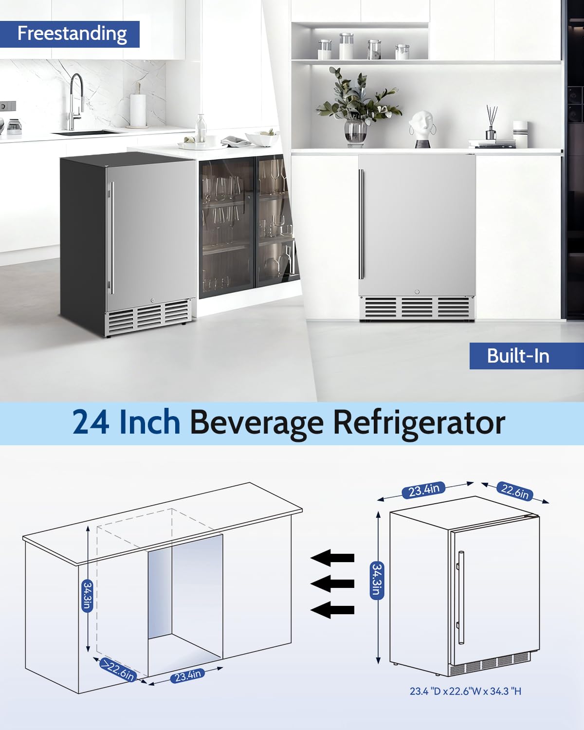 Feelfunn 24 inch Beverage Refrigerator - 180 Cans Beverage Fridge Under Counter with Stainless Steel Door, Built-in or Freestanding Beer Fridge, Outdoor Refrigerator for Patio Kitchen Home Bar