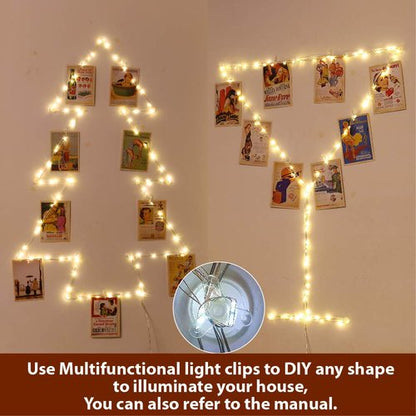 HXWEIYE Warm White Photo Clips String Light, Timer & 8 Modes, 33Ft 100LEDs Battery Powered Fairy Light with 52 Clear Clips & 12 Hooks on Wall for Hanging Picture,Bedroom Party