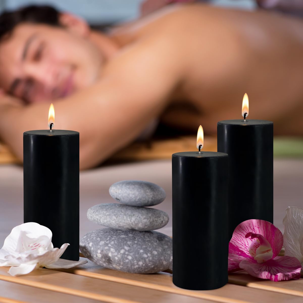 2 Pack 3x8 Hand Poured Black Dripless Pillar Candles, Soy Candles, Non-Toxic, Unscented, Smokeless, for Power Outages & Emergency